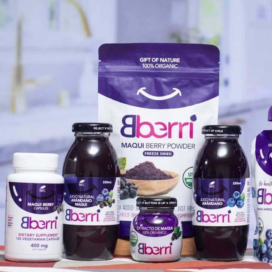 Línea de productos Bberri de maqui con etiquetas moradas